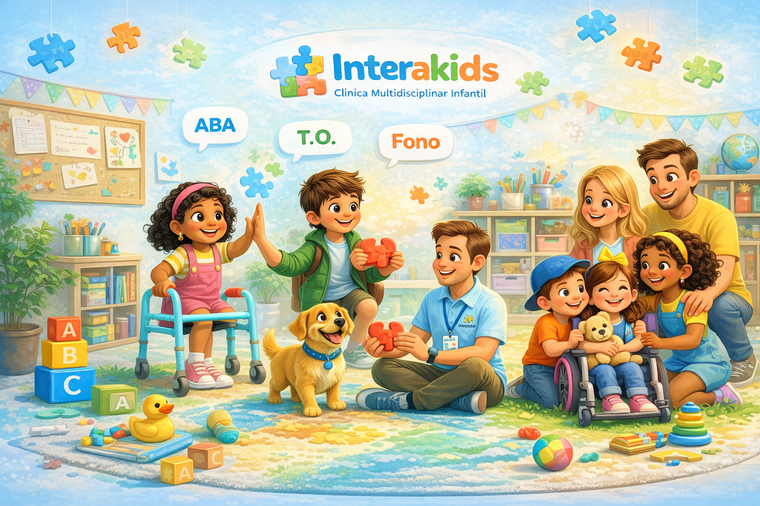 Sessão de terapia na Interakids - equipe multidisciplinar com crianças em ambiente acolhedor