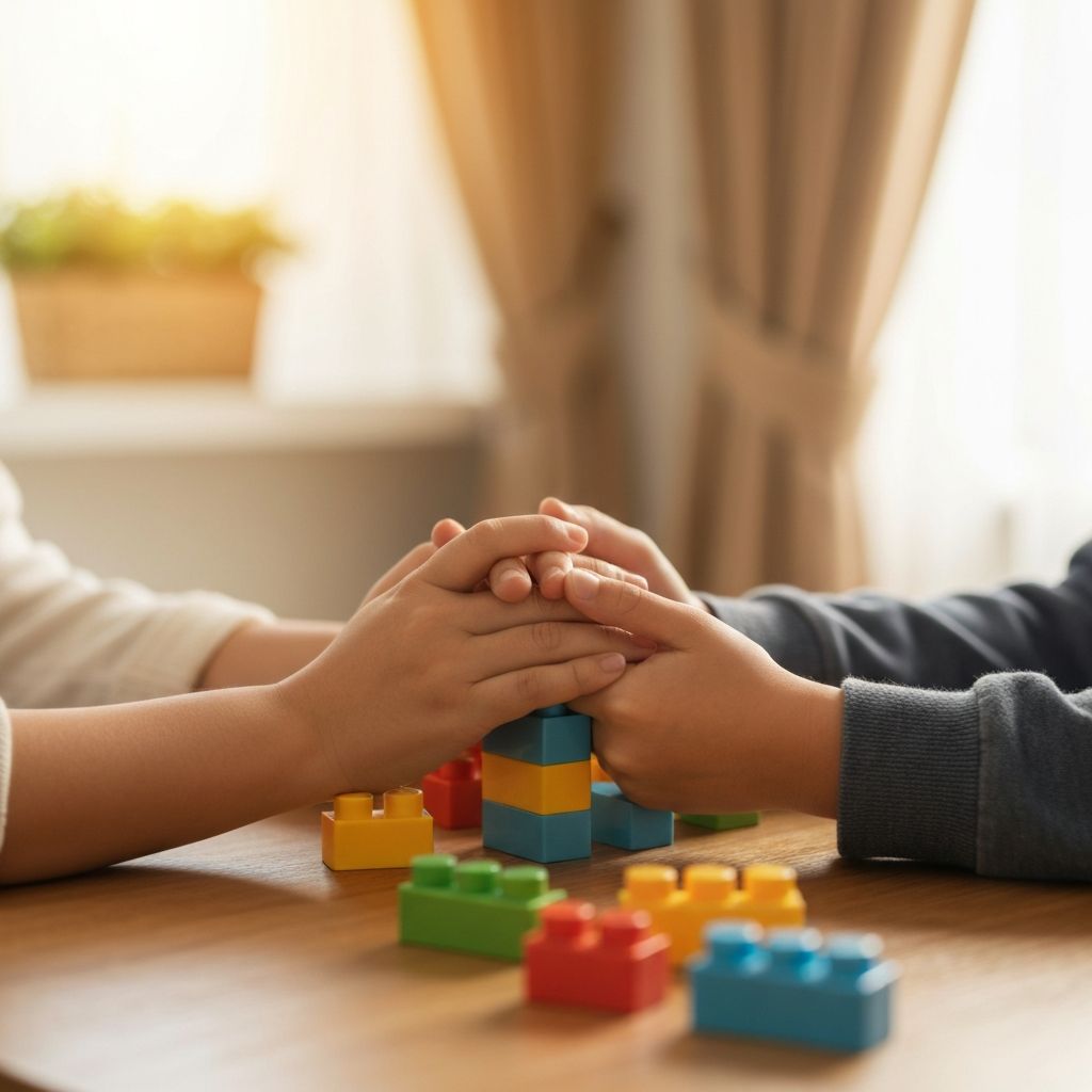 Apoio familiar no tratamento de autismo - maos de pais e crianca juntos