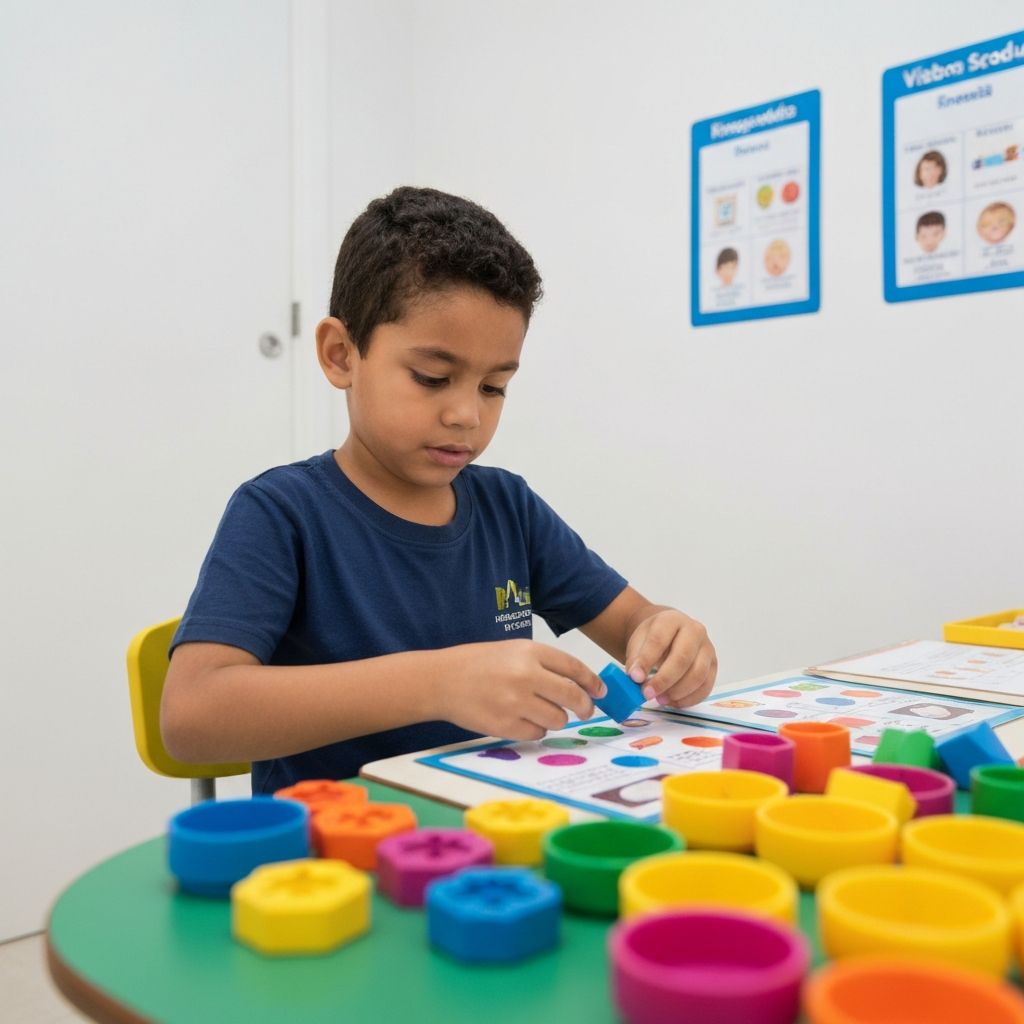Sessão estruturada de terapia ABA com reforço positivo e materiais educacionais