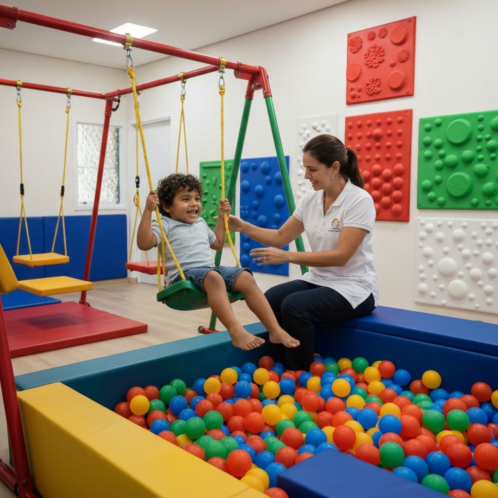 Sala de terapia de integração sensorial com criança em equipamento vestibular