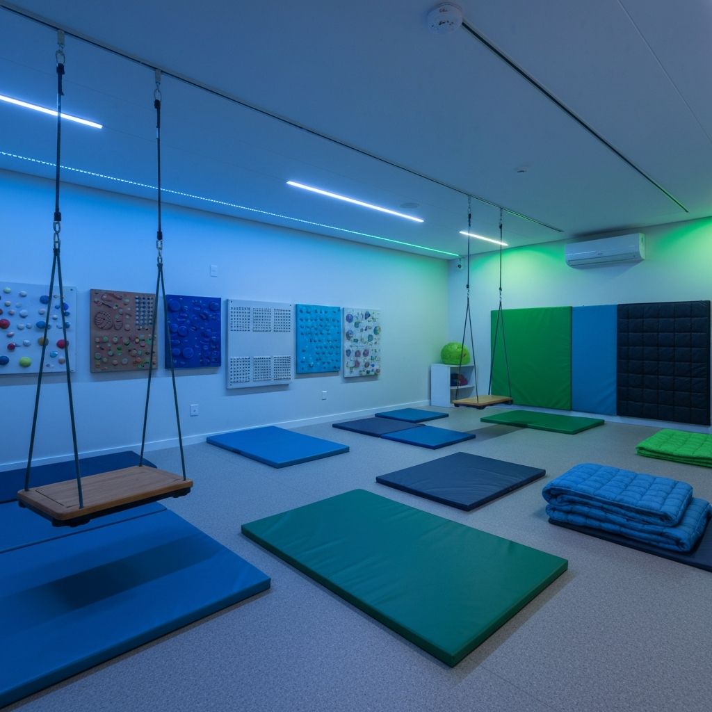 Sala de ginástica sensorial com equipamentos terapêuticos especializados