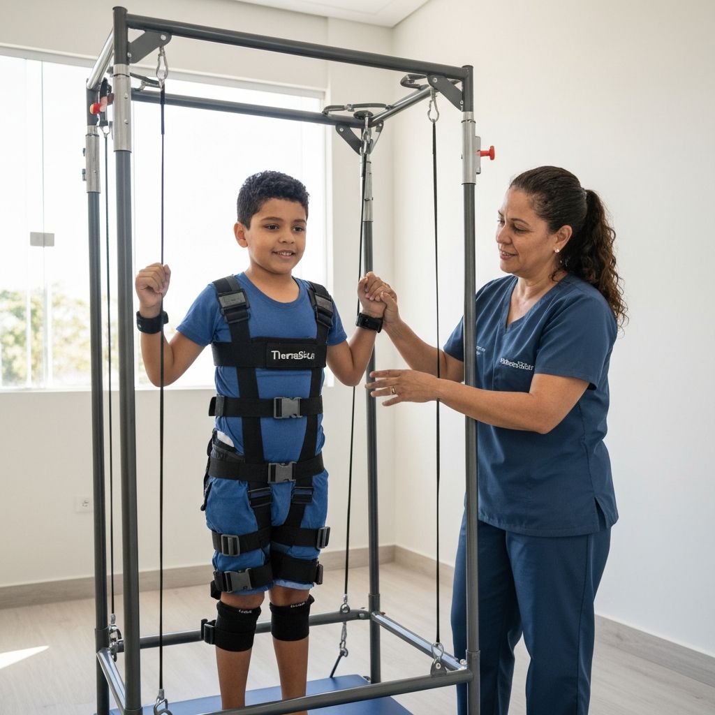 Criança utilizando o traje TheraSuit durante sessão de terapia intensiva