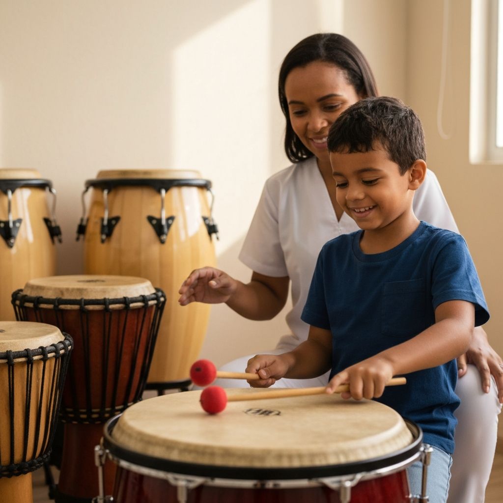 Criança explorando instrumentos de percussão durante sessão de musicoterapia