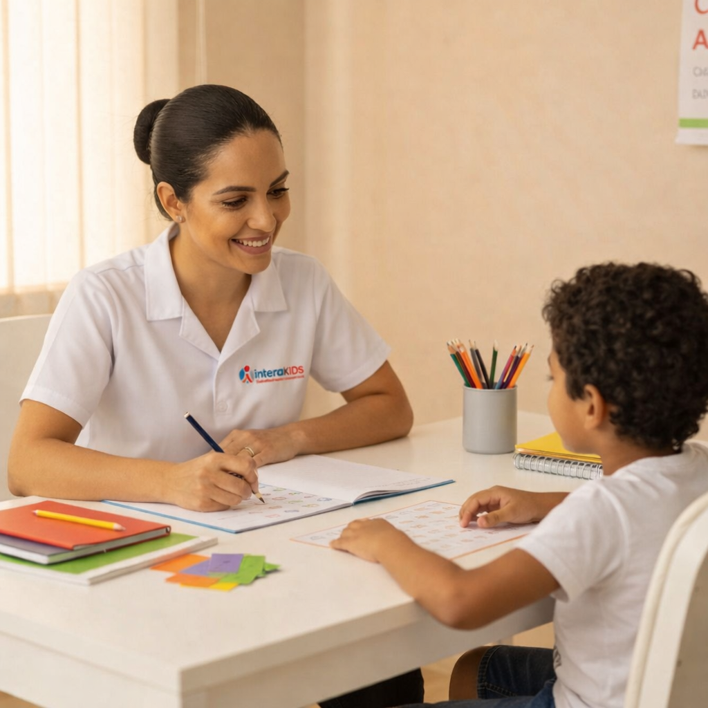 Profissional da Interakids em sessão de psicopedagogia com criança utilizando materiais educativos coloridos