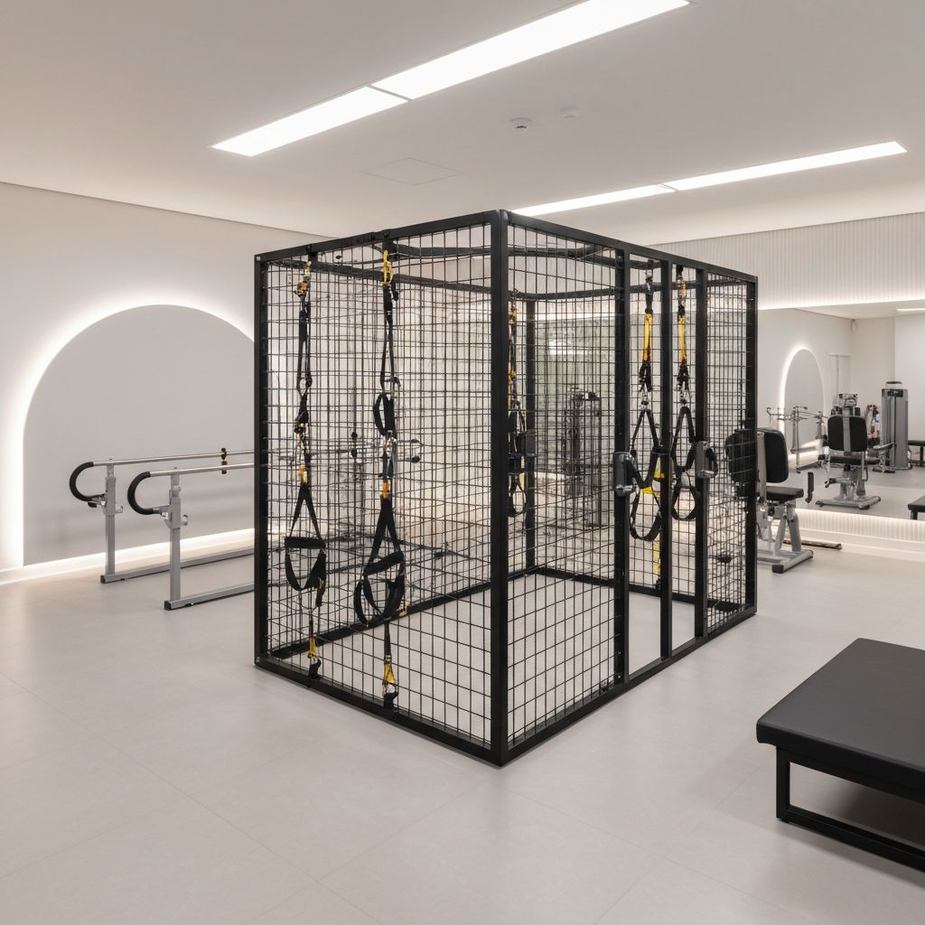 Sala de reabilitação com gaiola de suspensão e equipamentos especializados