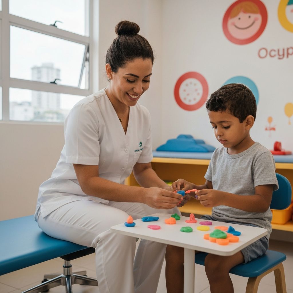 Criança em sessão de Terapia Ocupacional desenvolvendo habilidades motoras